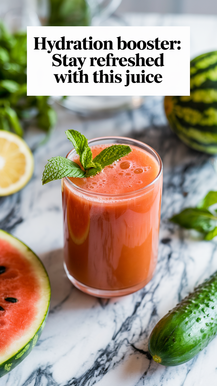 Hydration Booster: Stay Refreshed with This Juice
A vibrant watermelon and cucumber juice in a glass, garnished with a mint leaf. This hydrating juice is packed with electrolytes, vitamin C, and antioxidants—perfect for hot days and post-workout recovery.