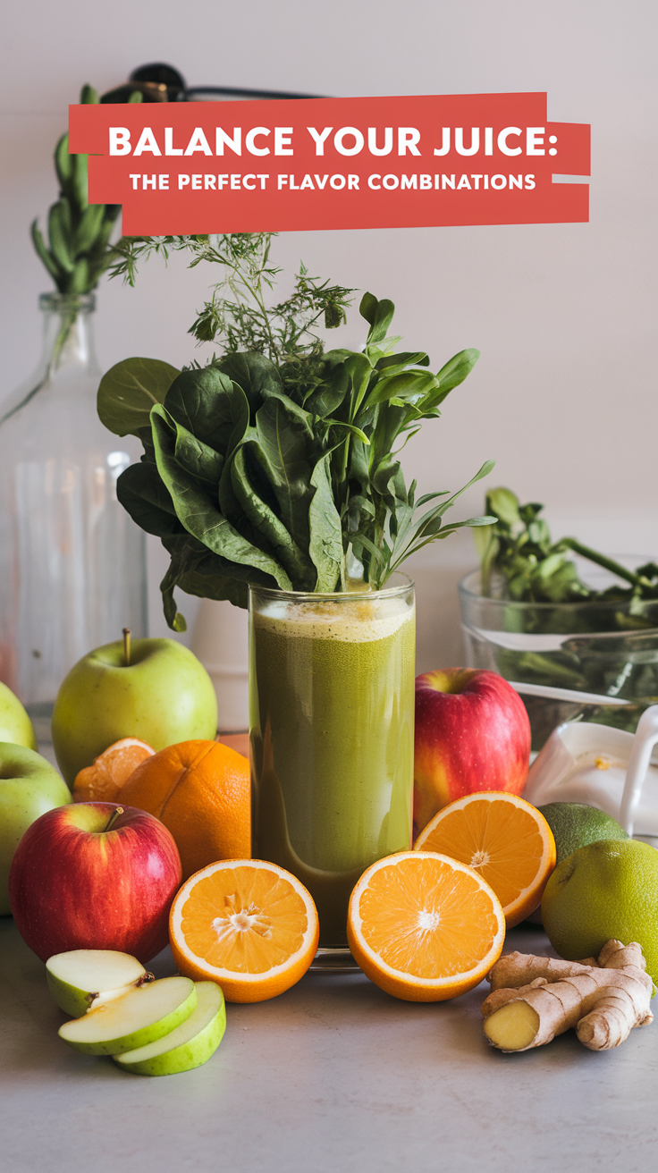 Balance Your Juice: The Perfect Flavor Combinations
A colorful display of fresh apples, citrus slices, leafy greens, and ginger, arranged on a countertop with a tall glass of juice. Learn how to balance flavors in juicing with the best ingredient combinations for taste and nutrition.