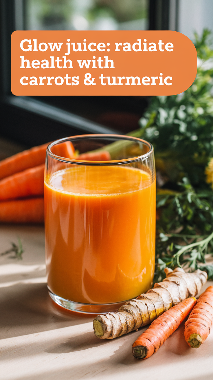Glow Juice: Radiate Health with Carrots & Turmeric
A beautifully presented glass of orange-carrot juice with a turmeric root beside it, glowing under natural light. This skin-boosting juice is rich in beta-carotene and vitamin C for a healthy, radiant complexion.