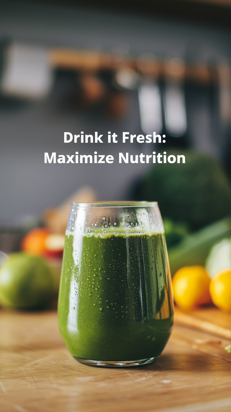 Drink It Fresh: Maximize Nutrition
A refreshing green juice in a glass with condensation, placed on a wooden surface in a bright kitchen. Drinking fresh juice immediately preserves nutrients and maximizes health benefits.