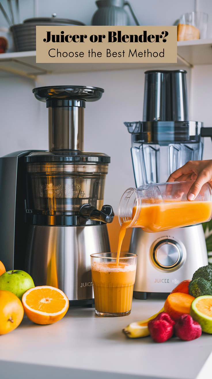 Juicer or Blender? Choose the Best Method A sleek juicer and blender side by side in a modern kitchen, with fresh produce ready for juicing. Discover the best method for making fresh, nutrient-rich juice at home—whether you use a juicer or a blender.