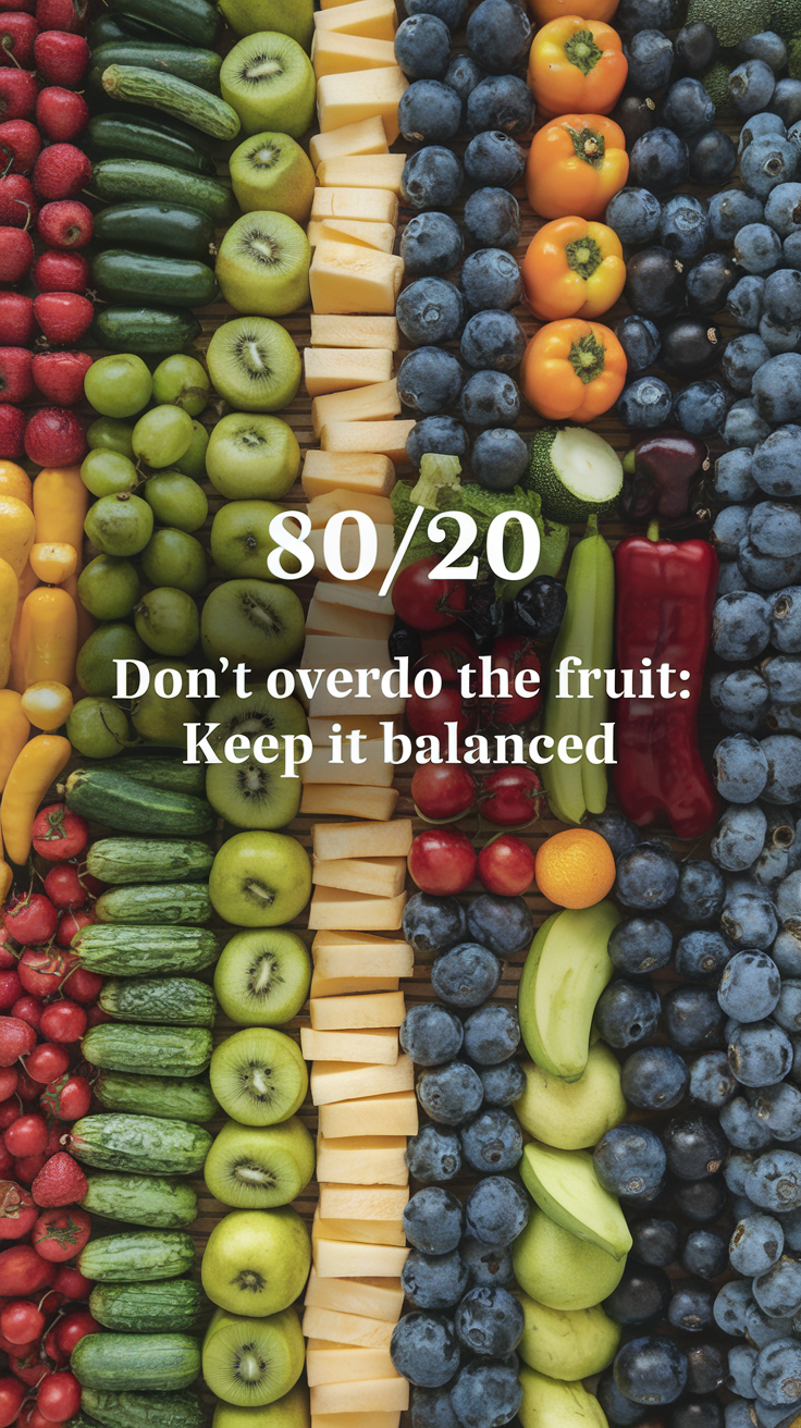 Don't Overdo the Fruit: Keep It Balanced
A colorful display of fruits and vegetables with an 80/20 ratio guide, showing a vegetable-heavy blend. Learn how to create low-sugar, nutrient-dense juices that are healthy and balanced for daily consumption.