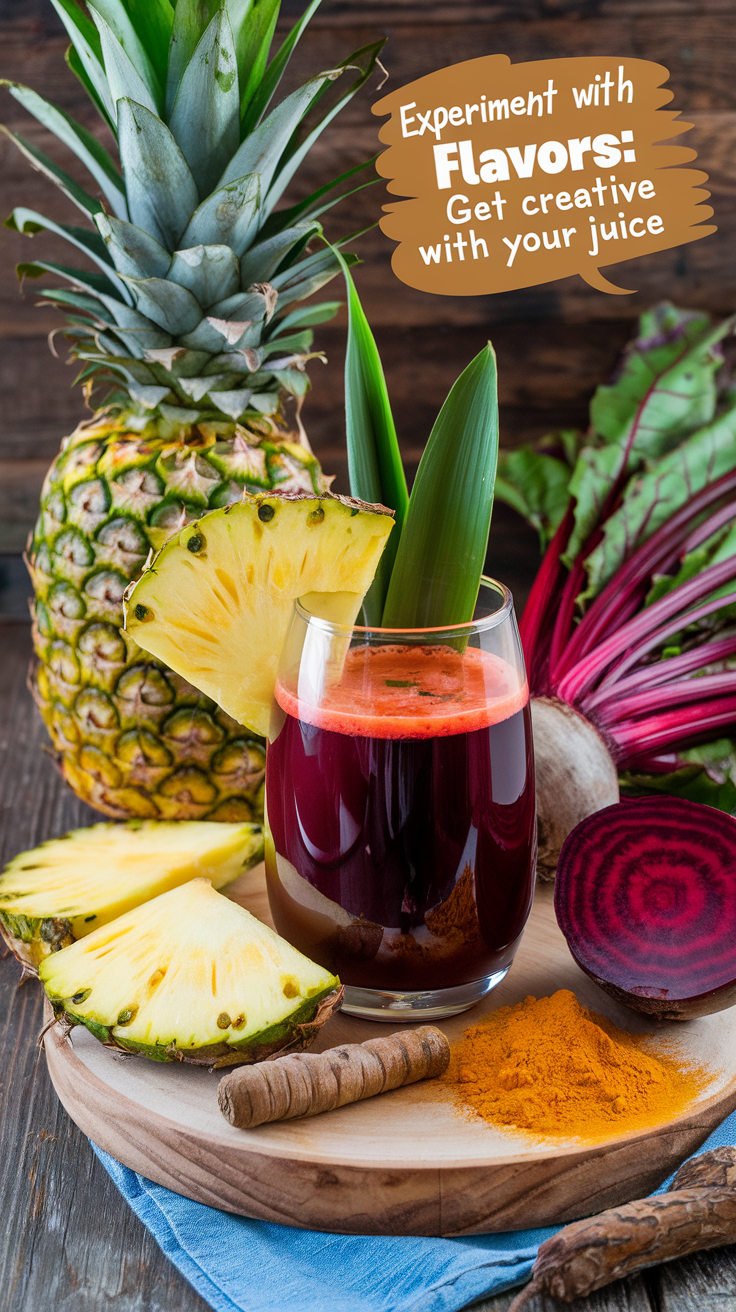 Experiment with Flavors: Get Creative with Your Juice
A visually appealing juice made with pineapple, turmeric, beets, and cayenne pepper, showcasing vibrant colors. Boost your juicing game with creative flavors that offer anti-inflammatory and detoxifying benefits.