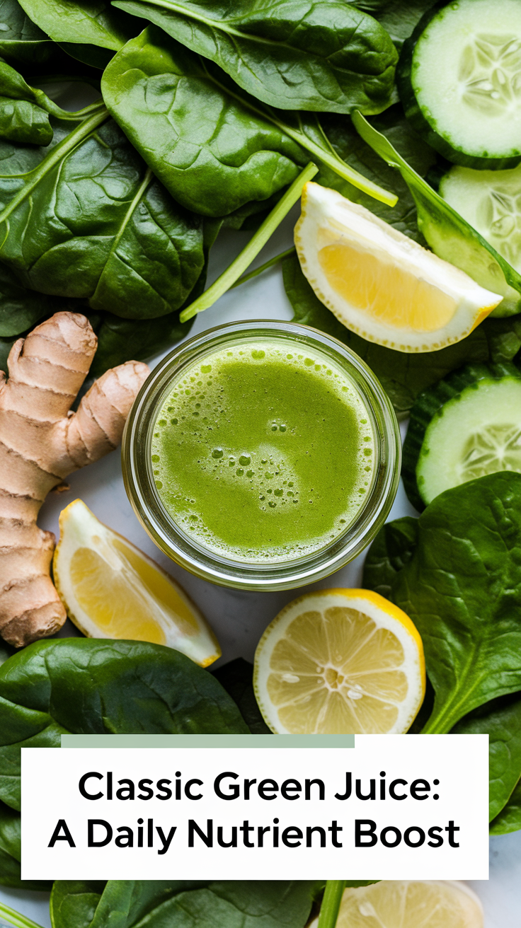 Classic Green Juice: A Daily Nutrient Boost
A glass of vibrant green juice surrounded by spinach, cucumber, lemon, and ginger. This easy green juice recipe is packed with vitamins and antioxidants to boost energy, digestion, and overall health.